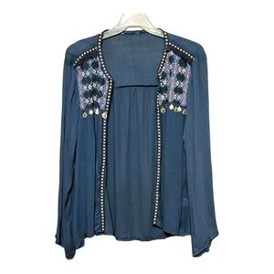 Ananda Design Embroidered Coin Top Open Crepe Long Sleeves Layering Western Wear